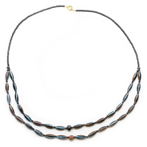 [R732T] Collana Perle Etniche e di Baratto con olivette a finitura anticata